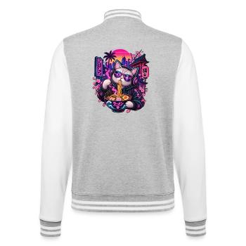 Neon-Ramen-Katze mit Sonnenbrille - College-Sweatjacke - Grau meliert/Weiß - Hinten - Marisol (170cm)