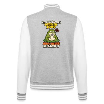 Soziale Batterie starb 1997 Lustiger introvertierter Frosch - College-Sweatjacke - Grau meliert/Weiß - Hinten - Marisol (170cm)