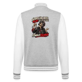Entschuldigung, mein Motorrad hat mich als Geisel gehalten. Biker-Humor - College-Sweatjacke - Grau meliert/Weiß - Hinten - Marisol (170cm)