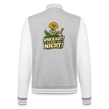 Unkraut? Kenne ich nicht – Gartencartoon - College-Sweatjacke - Grau meliert/Weiß - Hinten - Marisol (170cm)