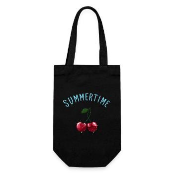 Summertime - Kirschen mit hellblauem Schriftzug - Geschenkbeutel für Flaschen - Schwarz - Vorne