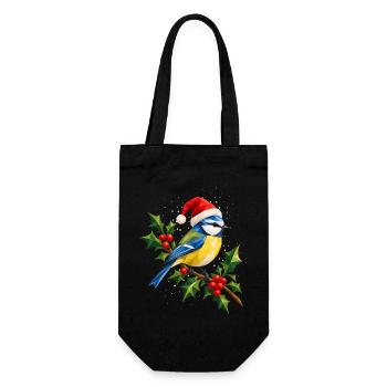 Weihnachtliche Blaumeise auf Stechpalme - Geschenkbeutel für Flaschen - Schwarz - Vorne