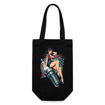 Vintage Hot Rod Pin-Up: Mechanikerin auf Zündkerze - Geschenkbeutel für Flaschen - Schwarz - Vorne
