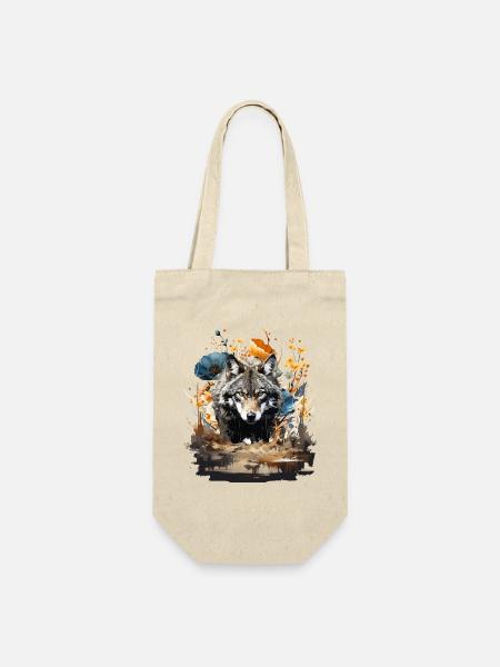 Wolf mit Vintage Blumen - Geschenkbeutel für Flaschen - Natur