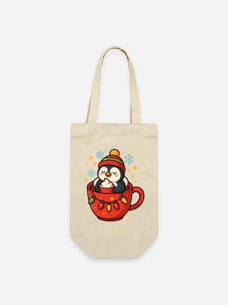 Pinguin in Weihnachtstasse süß - Geschenkbeutel für Flaschen - Natur