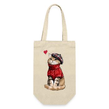 Süße Katze mit Baskenmütze und Strickpullover - Geschenkbeutel für Flaschen - Natur - Vorne