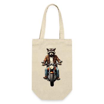 Waschbär auf Oldtimer-Motorrad, Gravur – ohne Text - Geschenkbeutel für Flaschen - Natur - Vorne