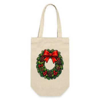 Weihnachtskranz mit roter Schleife - Geschenkbeutel für Flaschen - Natur - Vorne