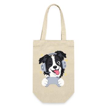 Gaming Border Collie mit Headset und Controller - Geschenkbeutel für Flaschen - Natur - Vorne