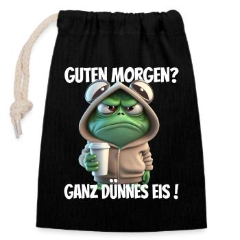 Morgenfrosch im Hoodie mit Kaffee - Verschließbarer Geschenkbeutel aus Baumwolle (14x20cm) - Schwarz - Vorne