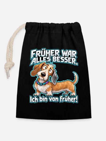 Früher war alles besser – Dackel - Verschließbarer Geschenkbeutel aus Baumwolle (14x20cm) - Schwarz