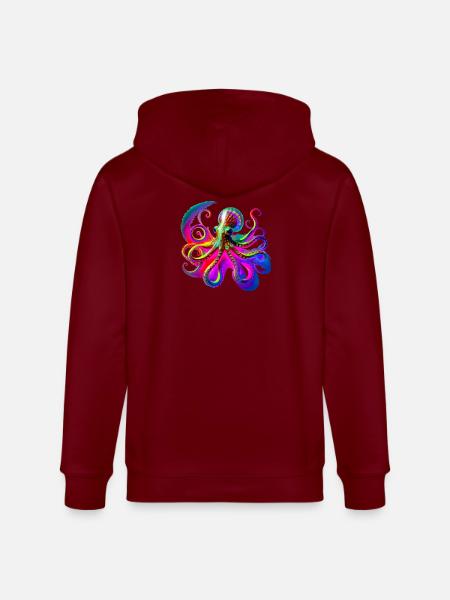 Psychedelic Neon Octopus - Stanley/Stella CULTIVATOR  Unisex Organic Hooded Jacket - burgundy
