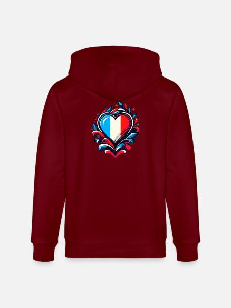 Heart French Flag - Stanley/Stella CULTIVATOR  Unisex Organic Hooded Jacket - burgundy