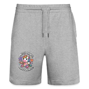 Messy Hands, Happy Hearts! - Stanley/Stella Trainer Unisex Organic Jogging Shorts - heather grey - Front - Nik (191cm) & Marisol (170cm)