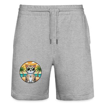 Schottische Falte Kurzhaarkatze Rasse Cartoon Strand - Stanley/Stella Unisex Bio Joggingshorts Trainer  - Grau meliert - Vorne - Nik (191cm) & Marisol (170cm)
