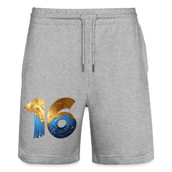NR. 16 NUMMER 16 COOL 16. GEBURTSTAG - Stanley/Stella Unisex Bio Joggingshorts Trainer  - Grau meliert - Vorne - Nik (191cm) & Marisol (170cm)