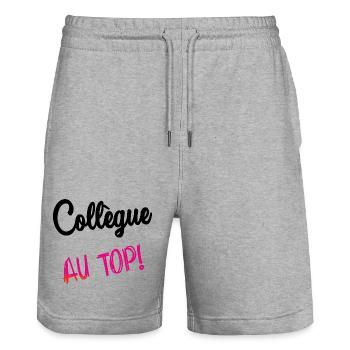 COLLEGUE. HUMOUR. RETRAITE. RETRAITE. RETRAITEE - Short de jogging bio TRAINER Stanley/Stella unisexe - gris chiné - Devant - Nik (191cm) & Marisol (170cm)