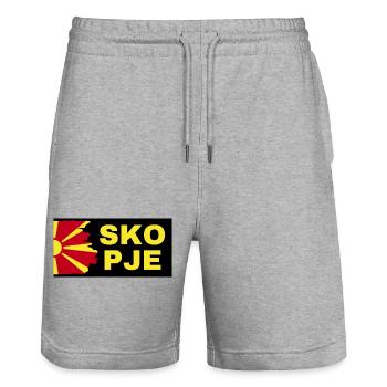 Skopje City with North Macedonia Flag Design - Stanley/Stella Trainer Unisex Organic Jogging Shorts - heather grey - Front - Nik (191cm) & Marisol (170cm)