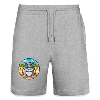Schottische Falte Kurzhaarkatze Rasse Cartoon Strand - Stanley/Stella Unisex Bio Joggingshorts Trainer  - Grau meliert - Vorne - Nik (191cm) & Marisol (170cm)