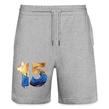 NR. 15 NUMMER 15 COOL 15. GEBURTSTAG - Stanley/Stella Unisex Bio Joggingshorts Trainer  - Grau meliert - Vorne - Nik (191cm) & Marisol (170cm)