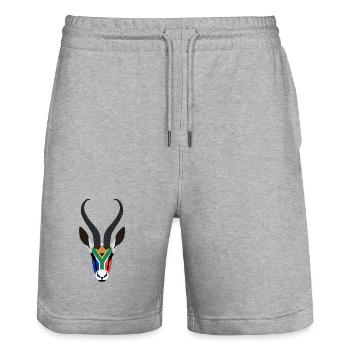 SPRINGBOK HEAD IN SOUTH AFRICAN COLOURS - Stanley/Stella Trainer Unisex Organic Jogging Shorts - heather grey - Front - Nik (191cm) & Marisol (170cm)