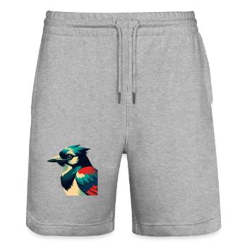 Geai bleu personnage de dessin animé animal de compagnie coloré - Short de jogging bio TRAINER Stanley/Stella unisexe - gris chiné - Devant - Nik (191cm) & Marisol (170cm)