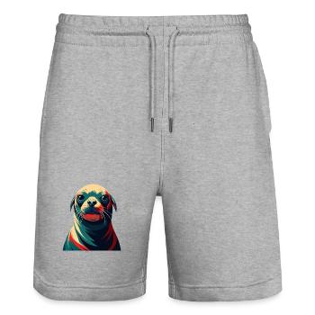 phoque dessin animé personnage animal de compagnie coloré - Short de jogging bio TRAINER Stanley/Stella unisexe - gris chiné - Devant - Nik (191cm) & Marisol (170cm)