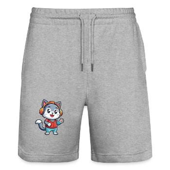 Katze Lustige Cartoon Figur Kopfhörer Musik - Stanley/Stella Unisex Bio Joggingshorts Trainer  - Grau meliert - Vorne - Nik (191cm) & Marisol (170cm)