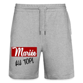HOCHZEIT. ZUKÜNFTIGE BRAUT. Junggesellinnenabschied - Stanley/Stella Unisex Bio Joggingshorts Trainer  - Grau meliert - Vorne - Nik (191cm) & Marisol (170cm)