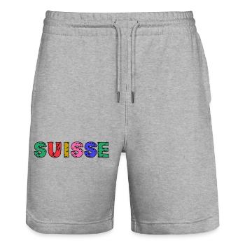 SUISSE. PAYS. GENEVE. HUMOUR. DRAPEAU. GENEVE - Short de jogging bio TRAINER Stanley/Stella unisexe - gris chiné - Devant - Nik (191cm) & Marisol (170cm)