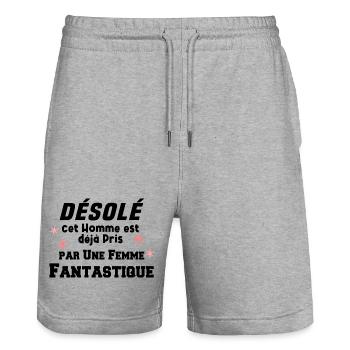 Désolé Homme déjà pris - Short de jogging bio TRAINER Stanley/Stella unisexe - gris chiné - Devant - Nik (191cm) & Marisol (170cm)