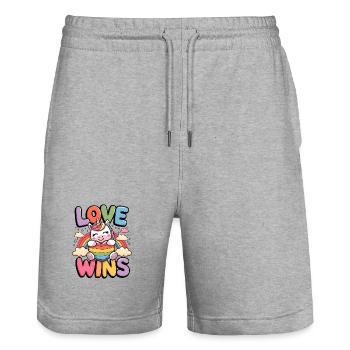Love Wins - Stanley/Stella Trainer Unisex Organic Jogging Shorts - heather grey - Front - Nik (191cm) & Marisol (170cm)