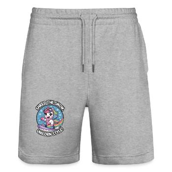 Shred The Snow, Unicorn Style! - Stanley/Stella Trainer Unisex Organic Jogging Shorts - heather grey - Front - Nik (191cm) & Marisol (170cm)
