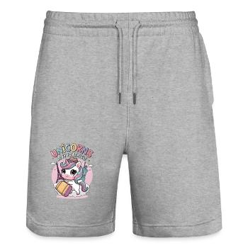 Unicorns Love To Travel! - Stanley/Stella Trainer Unisex Organic Jogging Shorts - heather grey - Front - Nik (191cm) & Marisol (170cm)