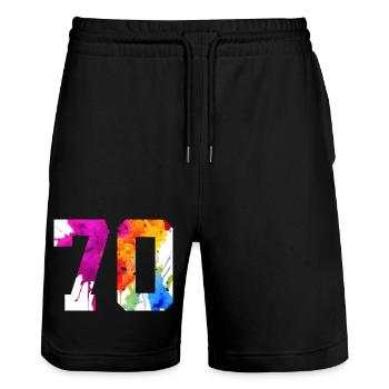 NUMMER 70 JAHRE ALT 70. GEBURTSTAG - Stanley/Stella Unisex Bio Joggingshorts Trainer  - Schwarz - Vorne - Nik (191cm) & Marisol (170cm)