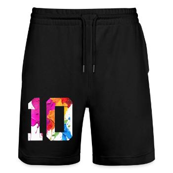 FARBIG NUMMER 10 BUNT 10. GEBURTSTAG - Stanley/Stella Unisex Bio Joggingshorts Trainer  - Schwarz - Vorne - Nik (191cm) & Marisol (170cm)