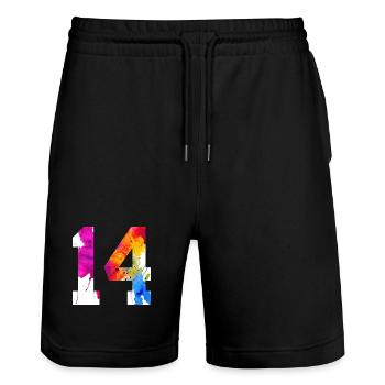 NUMMER 14 JAHRE ALT 14. GEBURTSTAG - Stanley/Stella Unisex Bio Joggingshorts Trainer  - Schwarz - Vorne - Nik (191cm) & Marisol (170cm)