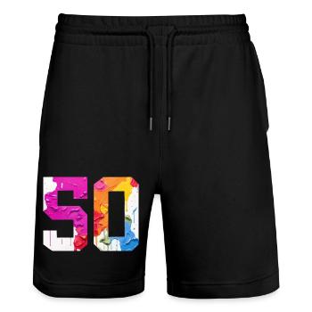 FARBIG NUMMER 50 BUNT 50. GEBURTSTAG - Stanley/Stella Unisex Bio Joggingshorts Trainer  - Schwarz - Vorne - Nik (191cm) & Marisol (170cm)