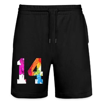 FARBIG NUMMER 14 BUNT 14. GEBURTSTAG - Stanley/Stella Unisex Bio Joggingshorts Trainer  - Schwarz - Vorne - Nik (191cm) & Marisol (170cm)
