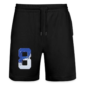 NR. 8 NUMMER 8 BLAU WEIß 8. GEBURTSTAG - Stanley/Stella Unisex Bio Joggingshorts Trainer  - Schwarz - Vorne - Nik (191cm) & Marisol (170cm)
