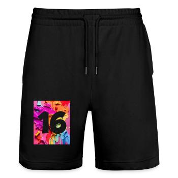 NR. 16 NUMMER 16 BUNT 16. GEBURTSTAG - Stanley/Stella Unisex Bio Joggingshorts Trainer  - Schwarz - Vorne - Nik (191cm) & Marisol (170cm)