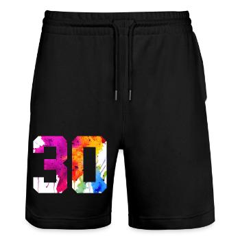 NUMMER 30 JAHRE ALT 30. GEBURTSTAG - Stanley/Stella Unisex Bio Joggingshorts Trainer  - Schwarz - Vorne - Nik (191cm) & Marisol (170cm)