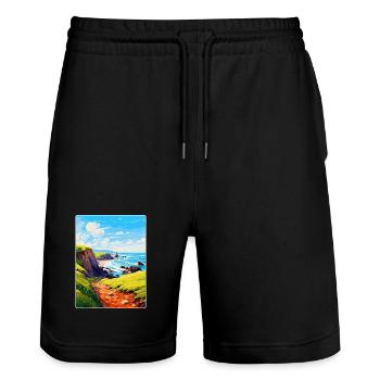 Hartland Quay Devon Vintage Travel Poster Souvenir - Stanley/Stella Trainer Unisex Organic Jogging Shorts - black - Front - Nik (191cm) & Marisol (170cm)