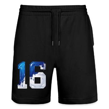NO. 16 NUMBER 16 BLUE WHITE 16TH BIRTHDAY - Stanley/Stella Trainer Unisex Organic Jogging Shorts - black - Front - Nik (191cm) & Marisol (170cm)