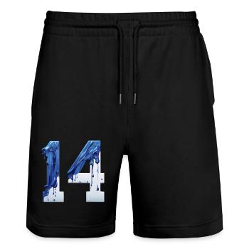 NR. 14 NUMMER 14 BLAU WEIß 14. GEBURTSTAG - Stanley/Stella Unisex Bio Joggingshorts Trainer  - Schwarz - Vorne - Nik (191cm) & Marisol (170cm)