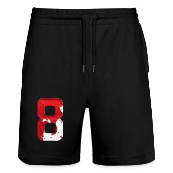 NR. 8 NUMMER 8 ROT WEIß 8. GEBURTSTAG - Stanley/Stella Unisex Bio Joggingshorts Trainer  - Schwarz - Vorne - Nik (191cm) & Marisol (170cm)
