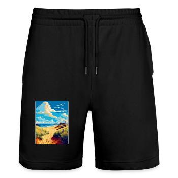 Suffolk Coast Vintage Travel Poster Souvenir WPA - Stanley/Stella Trainer Unisex Organic Jogging Shorts - black - Front - Nik (191cm) & Marisol (170cm)