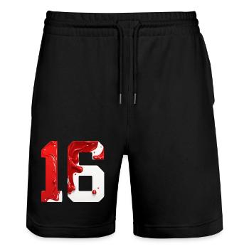 NR. 16 NUMMER 16 ROT WEIß 16. GEBURTSTAG - Stanley/Stella Unisex Bio Joggingshorts Trainer  - Schwarz - Vorne - Nik (191cm) & Marisol (170cm)