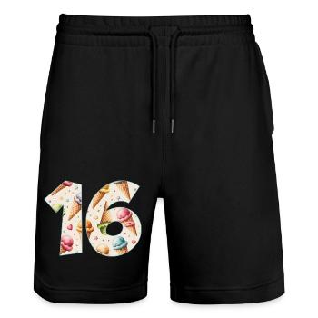 EISCREME NUMMER 16 JAHRE EIS 16. GEBURTSTAG - Stanley/Stella Unisex Bio Joggingshorts Trainer  - Schwarz - Vorne - Nik (191cm) & Marisol (170cm)