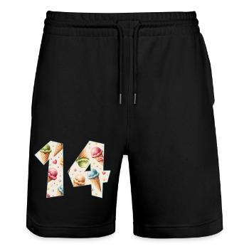 EISCREME NUMMER 14 JAHRE EIS 14. GEBURTSTAG - Stanley/Stella Unisex Bio Joggingshorts Trainer  - Schwarz - Vorne - Nik (191cm) & Marisol (170cm)